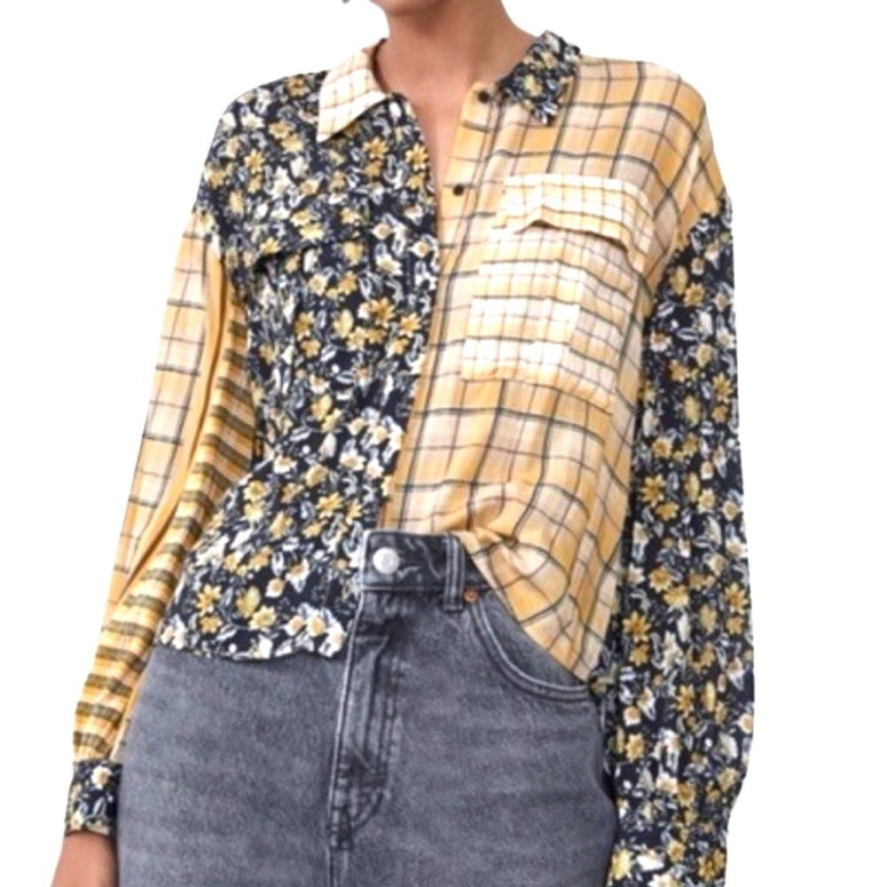 Zara Yellow Black Floral Plaid Cropped Long Sleeve Button Up Shirt Sz XS Women’s